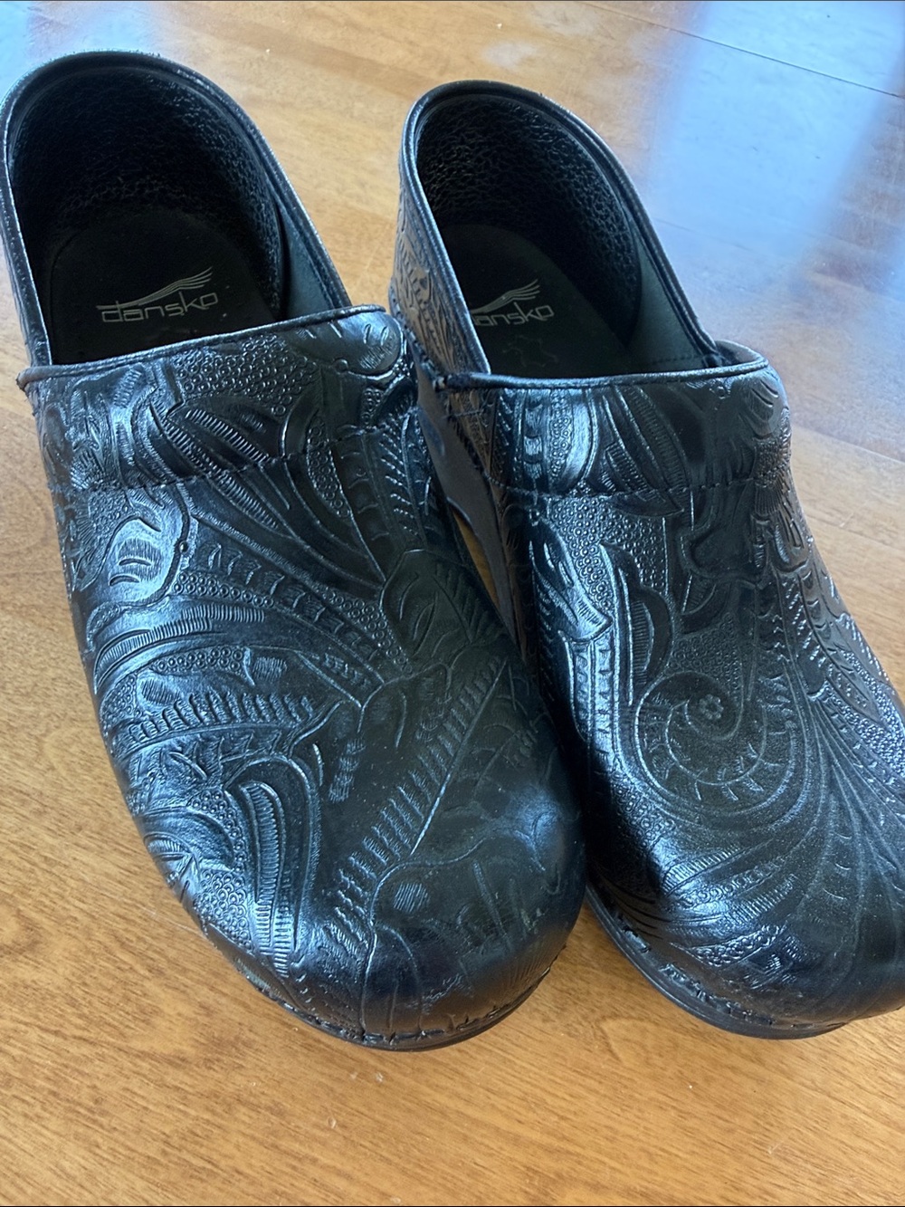 Dansko Black Embossed Leather Slip-On Clogs